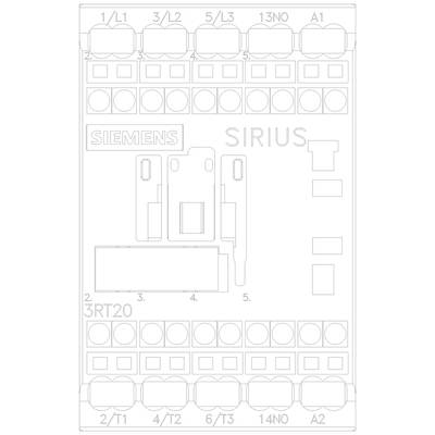 'Circuit diagram of a Siemens SIRIUS 3RT20 contactor with connections: 1/L1, 3/L2, 5/L3, 13NO, A1, 2/T1, 4/T2, 6/T3, 14NO, A2.'