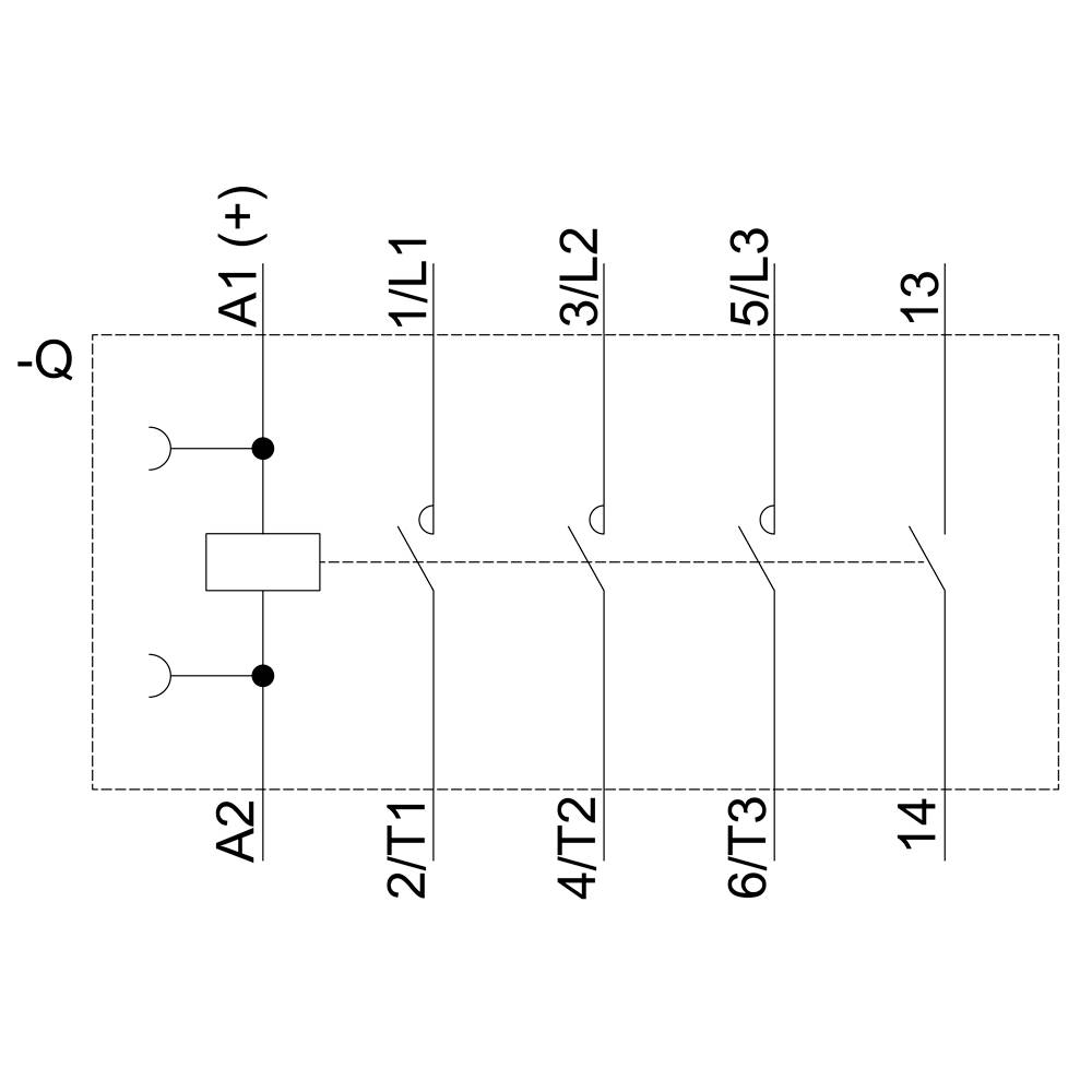 Circuit diagram of an electrical circuit with a coil and five switches. On the left, a coil is shown between A1 and A2. On the right, five vertical switches are located.