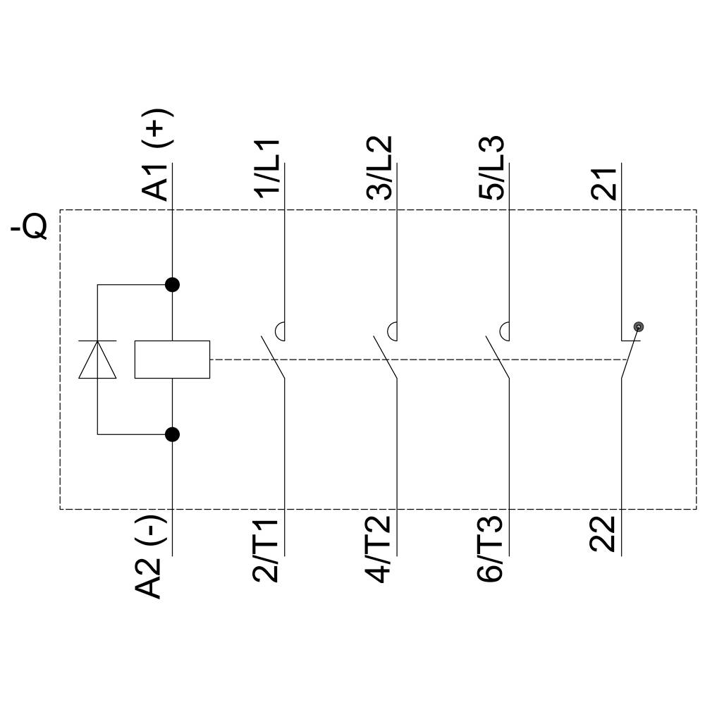'Contactor Circuit Diagram: Current flows from A1 (+) to A2 (-) through a coil. Terminals 1/L1, 3/L2, 5/L3 activate 2/T1, 4/T2, 6/T3.'