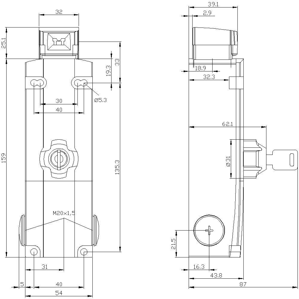 Technical drawing of a mechanical component with detailed dimensions and annotations, front and side view.