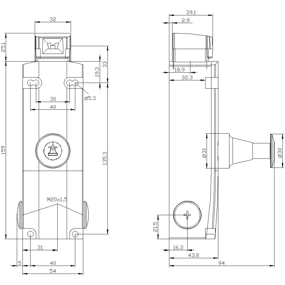 Technical drawing of a door lock with dimensional specifications. Front and side views show details of the cylindrical locking mechanism.