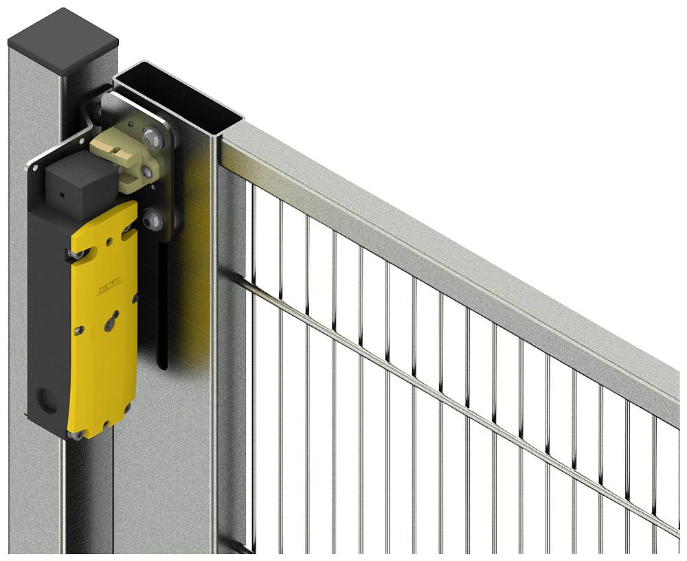 Safety lock on a metal fence, showing a yellow electronically controlled locking system that is mounted on a post.