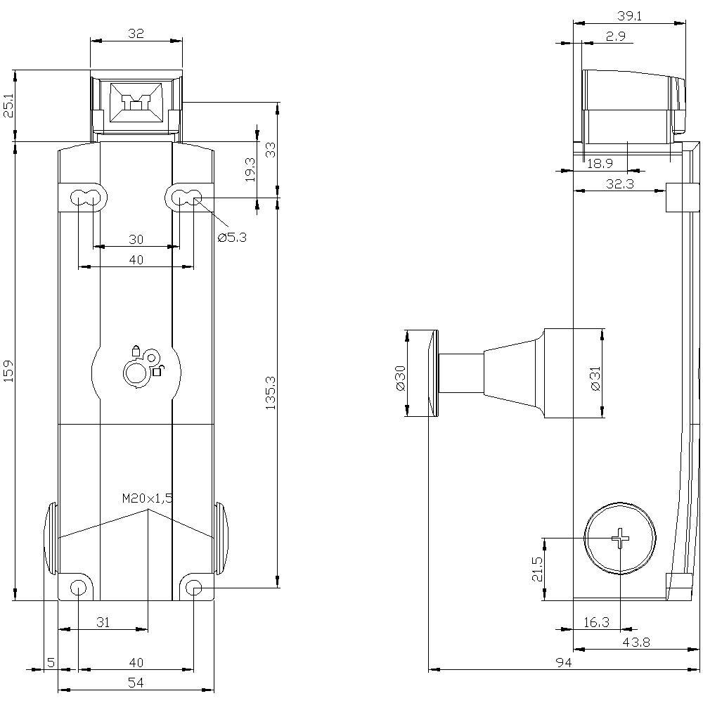 Technical drawing of a component with dimensions in millimetres. Drawing shows front and side views of the object.
