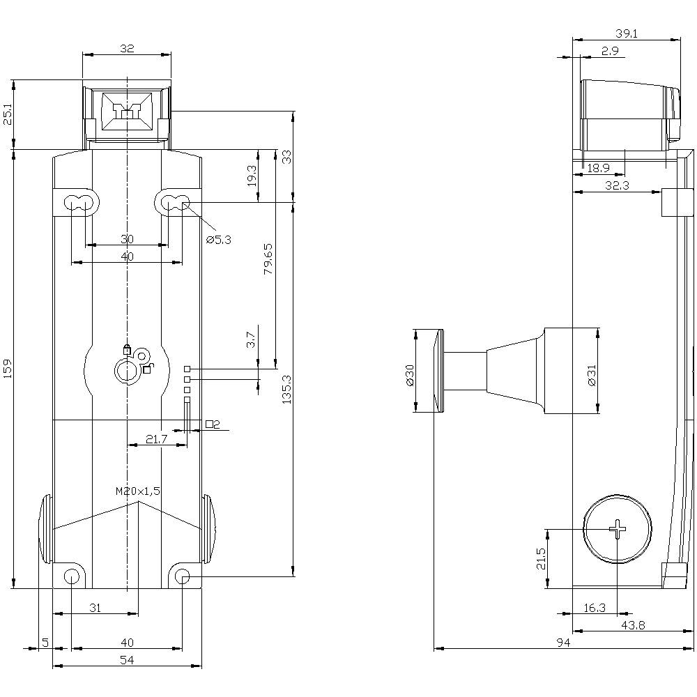 Technical drawing of a device with dimensions in millimetres. Shows front and side view with details of screw holes and dimensions.