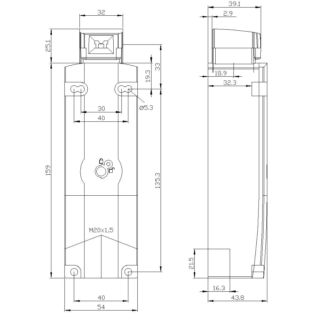 Technical drawing of a switch with dimensions in millimetres. Front and side view of the housing with mounting points.