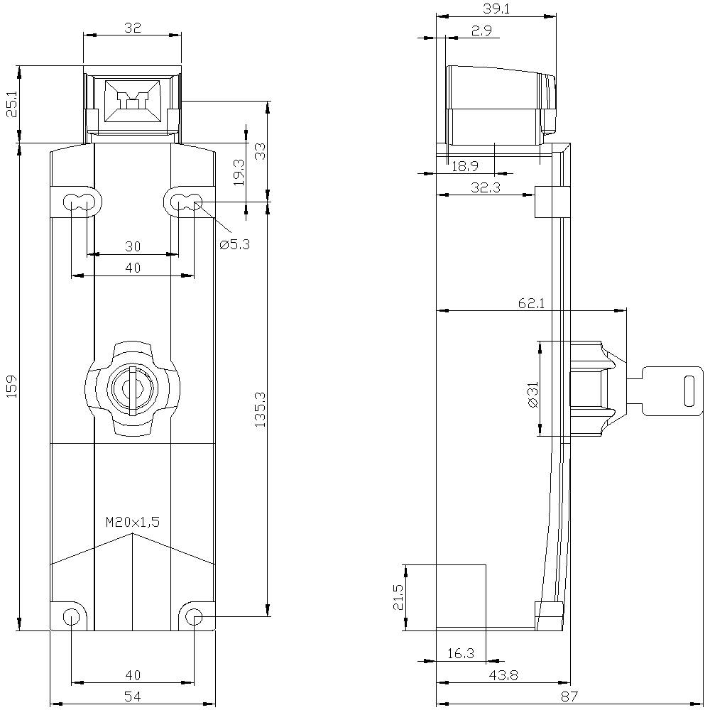 Technical drawing of a component with detailed dimensions. Front and side view with measurements, holes, and threads.