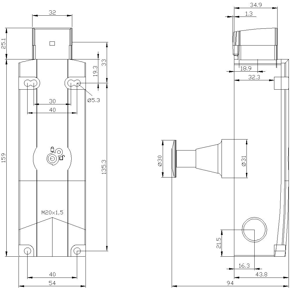 Technical drawing of a component with dimensions in millimetres, showing a side and front view along with connection details.