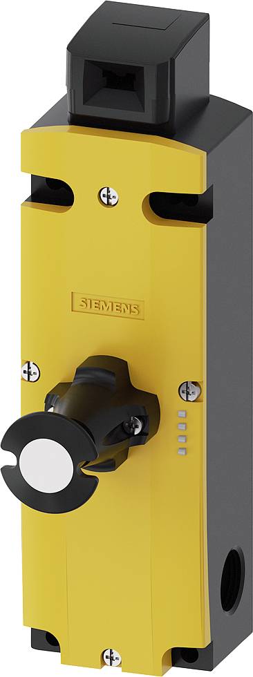 The image depicts a yellow safety switching device with a rotatable handle and visible screw fastenings.