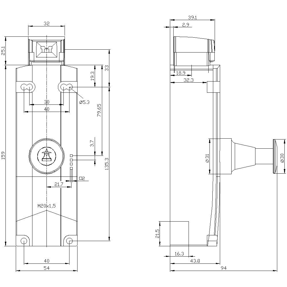 Technical drawing of a mechanical component with dimensions in millimetres. Shows front and side views with precise details.