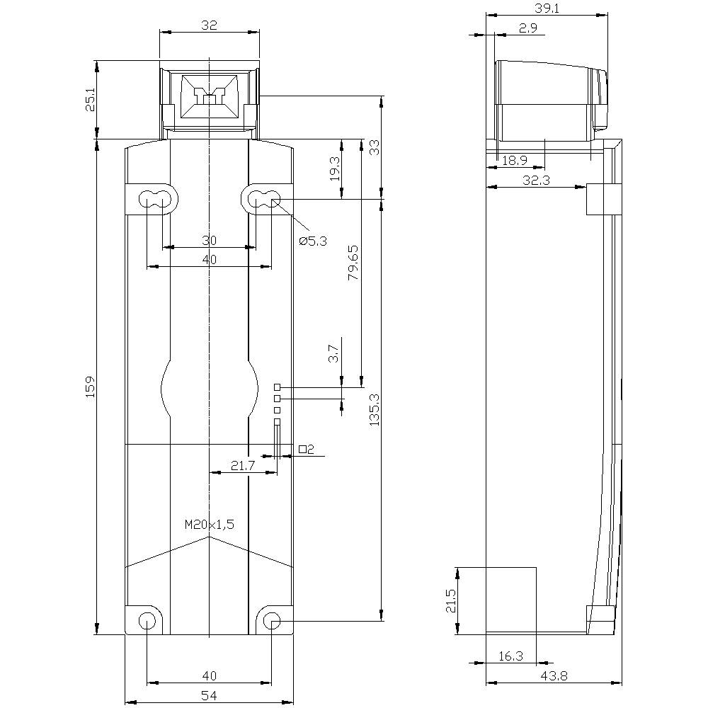 Technical drawing of a component with dimensioning and sectional views. Shows lengths, widths, diameters and hole positions.