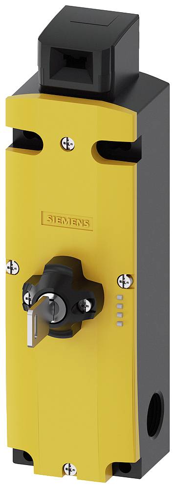 A yellow safety switch housing with a black lever and key slot. Marked 'Siemens' in the centre.