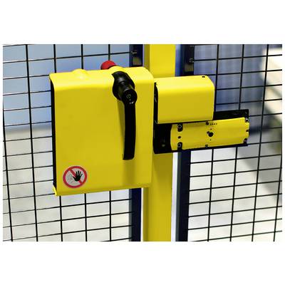 Yellow safety padlock on a machine guard fence, with a red emergency stop button and a 'No hands' symbol on it.