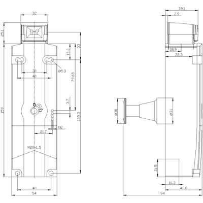 Technical drawing of a mechanical component with dimensions in millimetres. Side view and top view are illustrated.