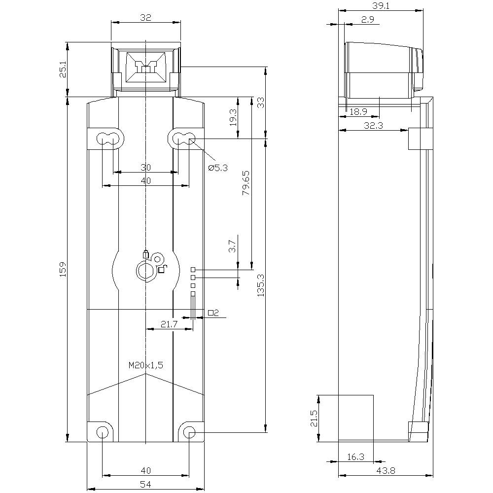 Technical drawing of a rectangular device with dimensions and hole positions in mm. Front and side views shown.