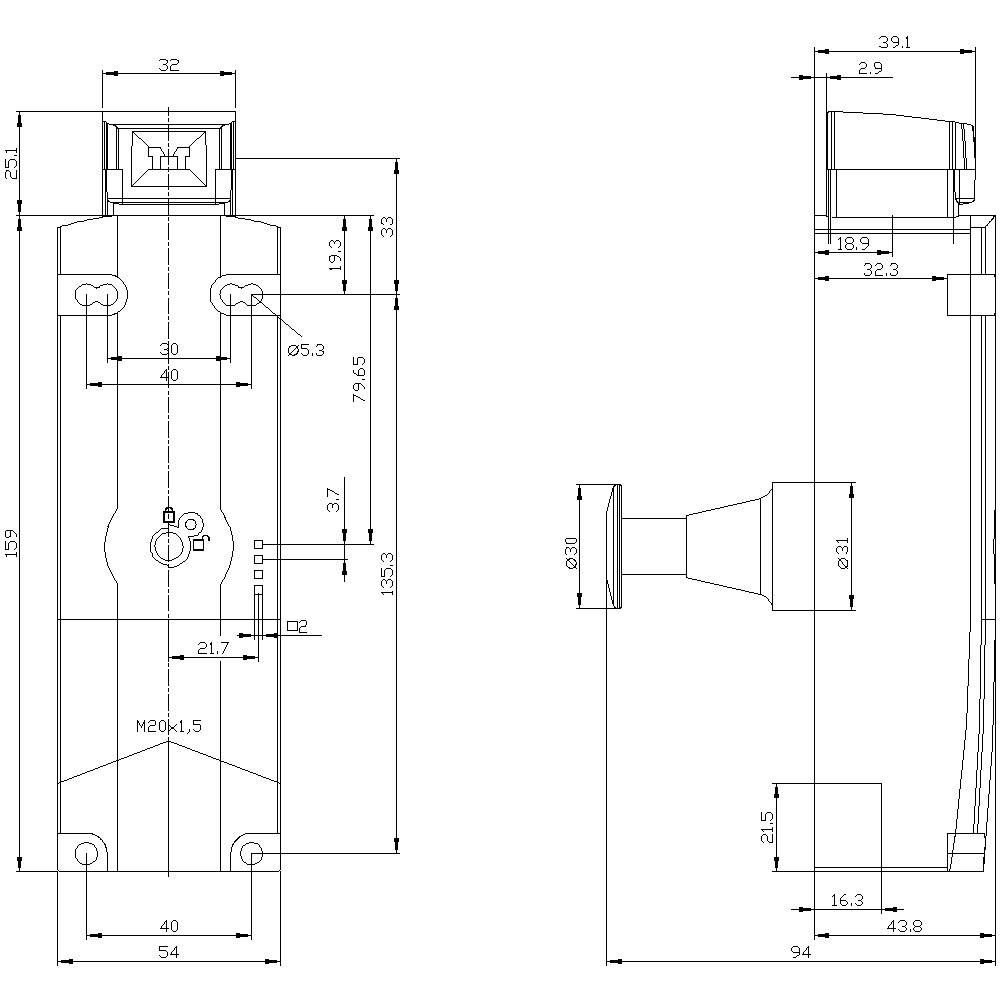 Technical drawing of a mechanical component showing front, right, and top views, with dimensions in millimetres.