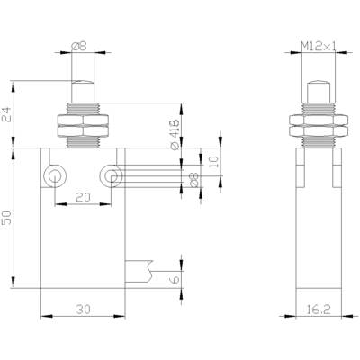 Technical drawing of a cylindrical component with lateral and vertical dimensions, M12x1 thread, and a central cylinder with a diameter of 16.2 mm.