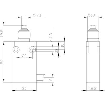 Technical drawing of a cylindrical part with dimensions: overall width 30 mm, height 50 mm, diameter 7.1 mm and 13 mm.