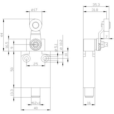 Technical drawing of a mechanical component with dimensions in millimetres, showing details such as bore diameter, overall length, and width.
