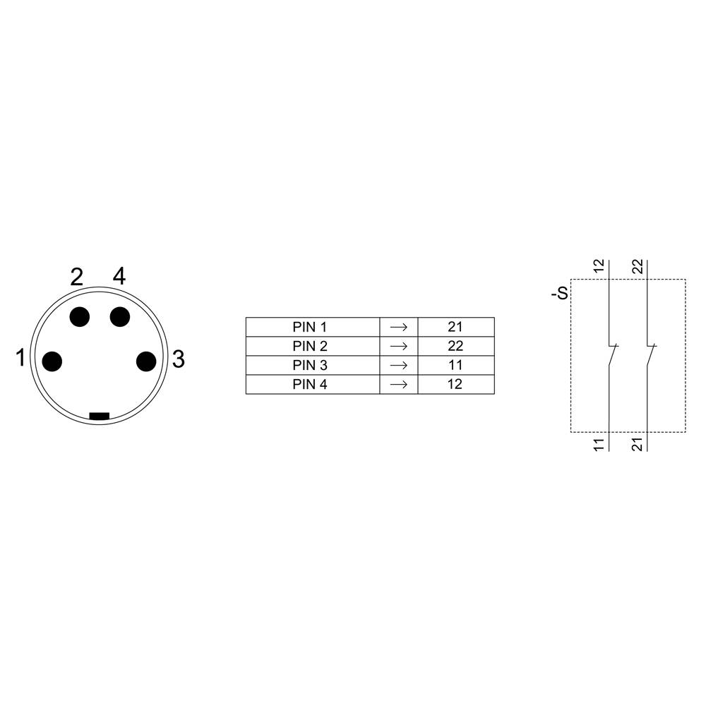 Diagram of a 4-pole connector with PIN assignment table: PIN 1 to 21, PIN 2 to 22, PIN 3 to 11, PIN 4 to 12. Circuit diagram on the right.