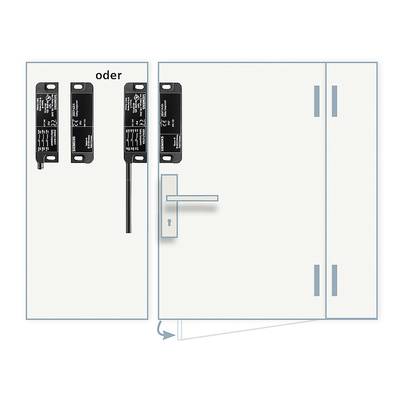 Figure shows two different door sensors next to a door with a locking mechanism. 'Or' separates the sensors.