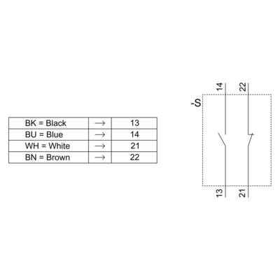 Diagram shows electrical circuit diagram with cable colour coding: BK=Black, BU=Blue, WH=White, BN=Brown; Numbers: 13, 14, 21, 22.