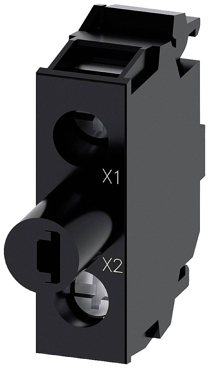 Black-coloured electrical terminal block with the designations 'X1' and 'X2', central cylindrical connection.