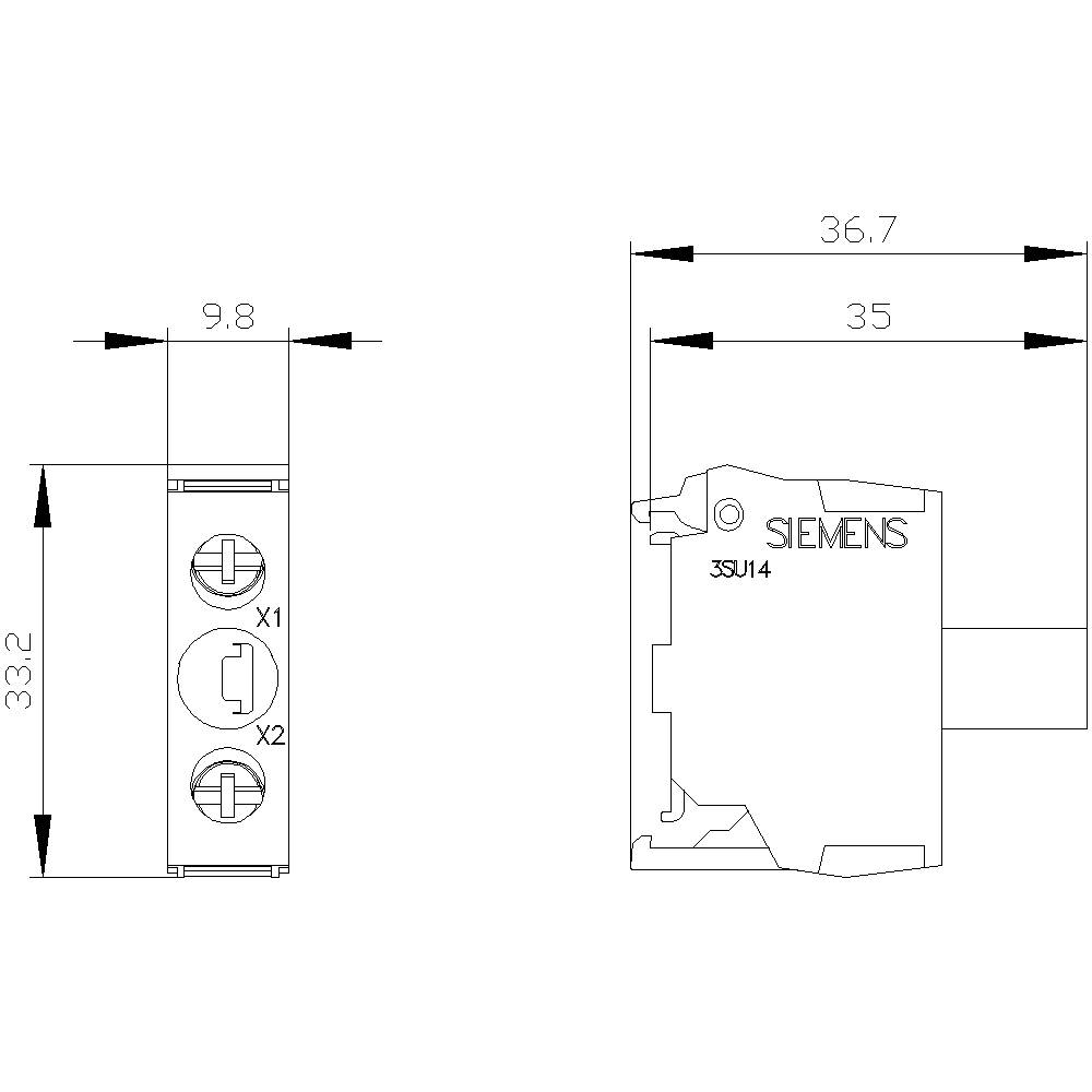 Technical drawing of a Siemens component with front view and side view. Dimensions: Height 33.2 mm, Width 9.8 mm, Depth 36.7 mm.