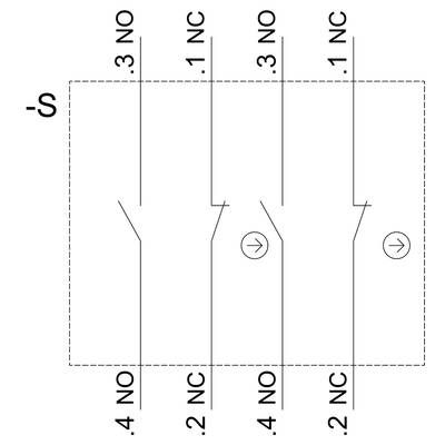 Circuit diagram shows four switches, labelled '1 NC', '2 NC', '3 NO', '4 NO', all with an arrow pointing in the same direction.