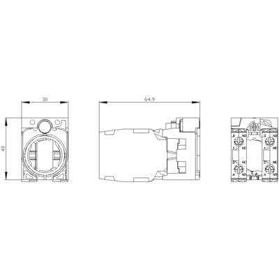 Technical drawing of an electrical switch with front, side, and top views. Dimensions: 30x40 mm, length 64.9 mm.