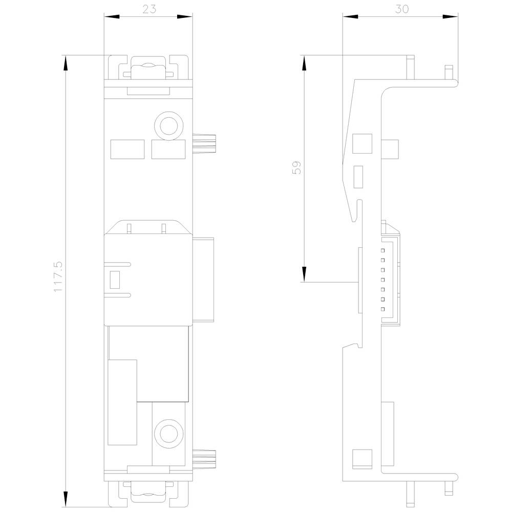 'Technical drawing of a device with front and side views. Dimensions: height 117.5 mm, width 23 mm, depth 30 mm.'