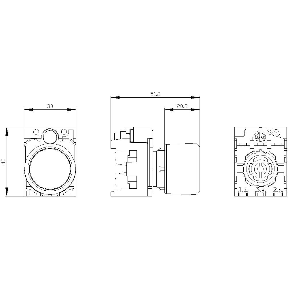 Technical drawing of a round switch with front view, side view, and rear view. Dimensions: 40x40 mm, depth 51.2 mm.