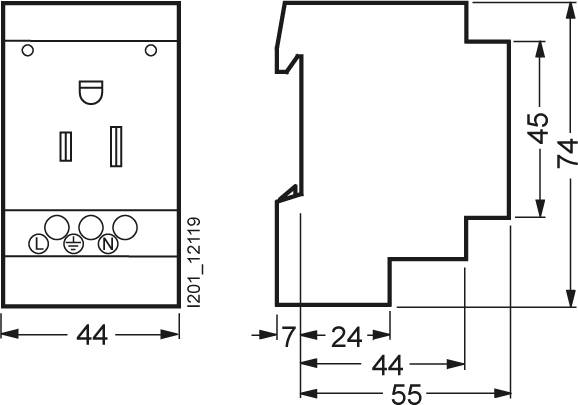 'Technical drawing of an electrical component with front and side views, showing dimensions: height 74mm, width 44mm, depth 55mm.'