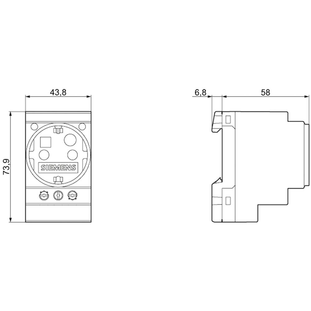 Technical drawing of an electrical adapter with dimensions: Height 73.9 mm, Width 43.8 mm, Depth 58 mm. Front and side view.