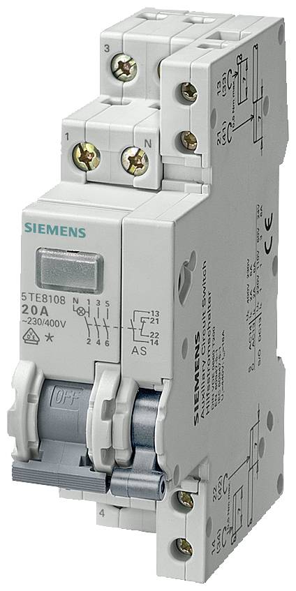 'Siemens 5TE8108 circuit breaker, 20A, 230/400V. Two lever positions for on/off. Mounting options visible.'