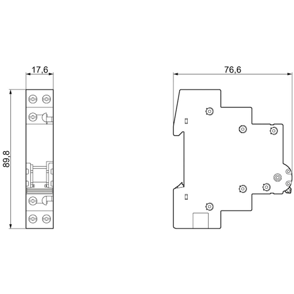 The outline of a mechanical component is represented with dimensions: 89.8 mm in height, 17.6 mm and 76.6 mm in width.