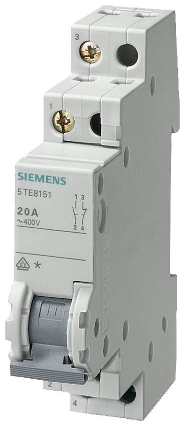A grey Siemens circuit breaker marked with '5TE8151', '20A', and '400V'. Switch with toggle lever at the bottom.