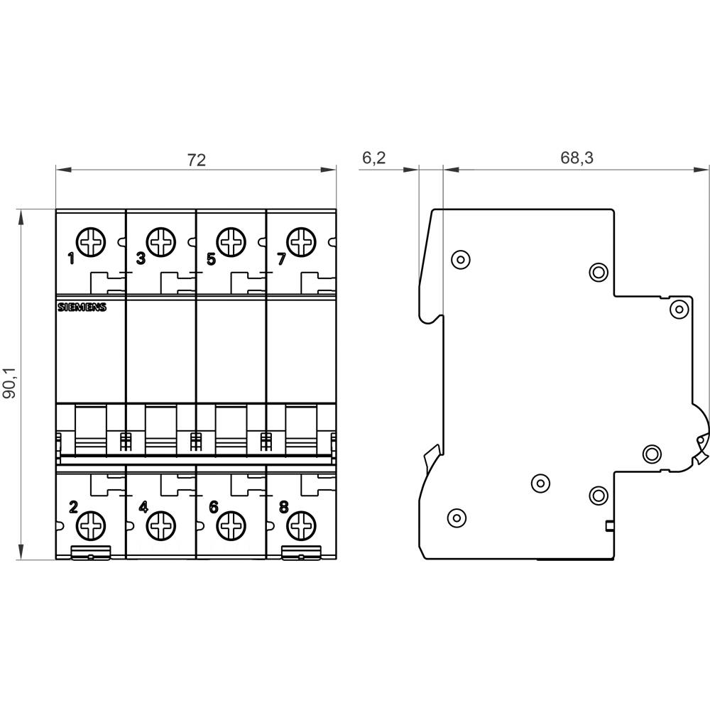 Technical drawing of a 4-pole circuit breaker with dimensional specifications; side and front view; dimensions in millimetres.