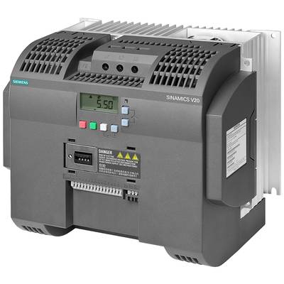 A grey Siemens SINAMICS V20 frequency inverter with a digital display, green and red buttons, and multiple connection terminals.
