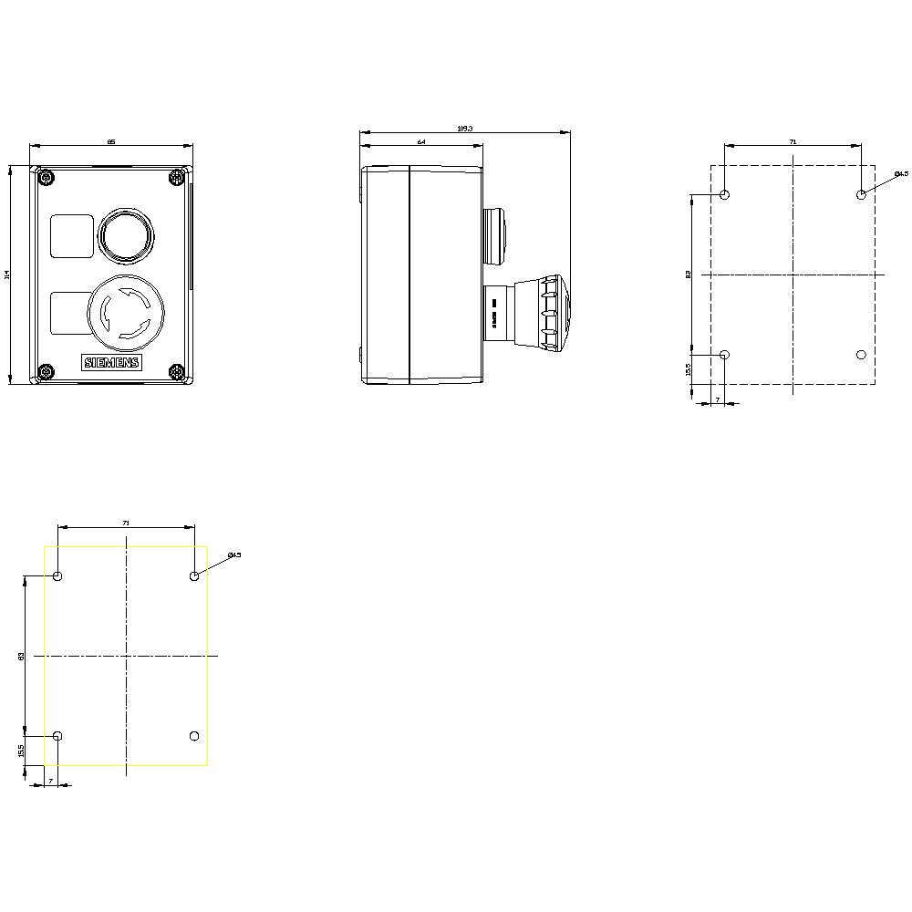 Technical drawing of a rectangular electronic device with various views and dimensions.
