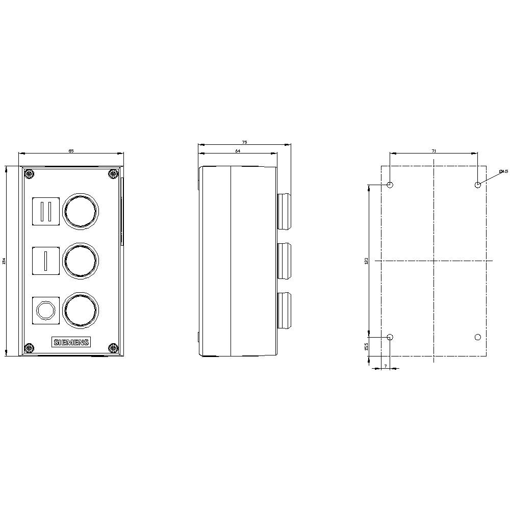 Technical drawing of a rectangular device with buttons and connections, side and front view, with dimensions in millimetres.