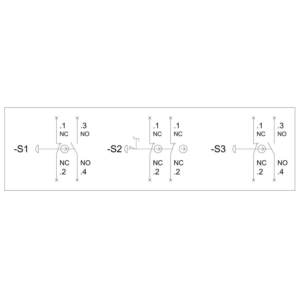 Wiring diagram with three switches: S1, S2, S3. Each switch has 'NC' or 'NO' connections (normally closed/open) and labels .1 to .4.