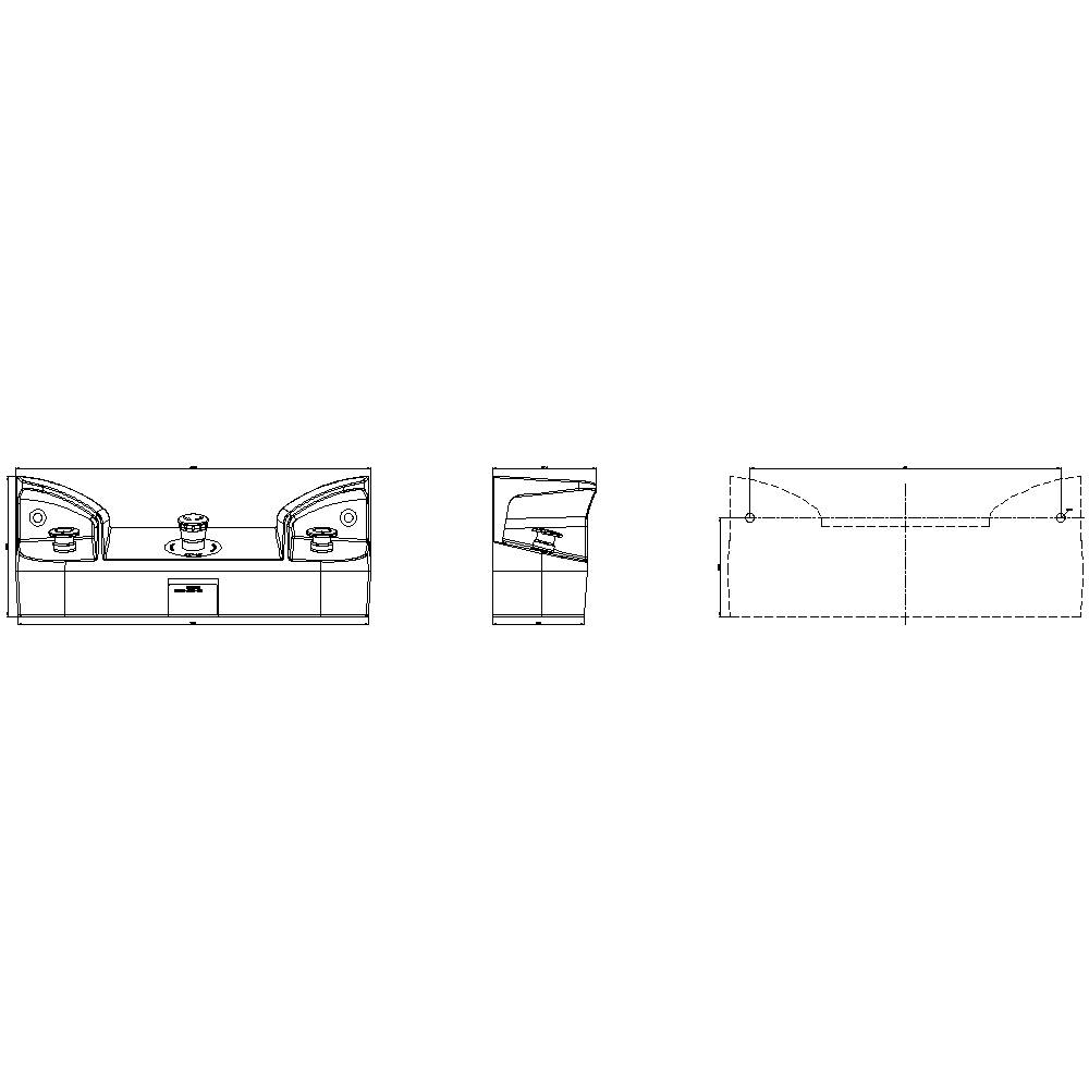 Technical drawing of sanitary fittings, front, side and top view, with detailed dimensions and connection points.