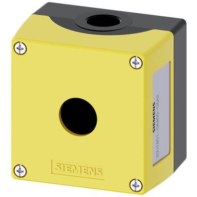 A yellow, square Siemens enclosure with a black circle in the centre, suitable for industrial safety equipment.