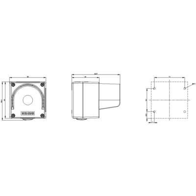Technical drawing of an electrical device with top view, side view, and detailed view. Dimensions in millimetres.