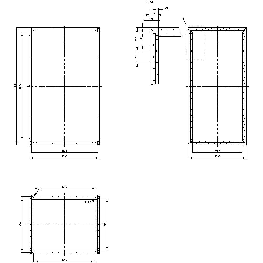 Technical drawing of a rectangular frame with dimensions and detailed view of connection points.