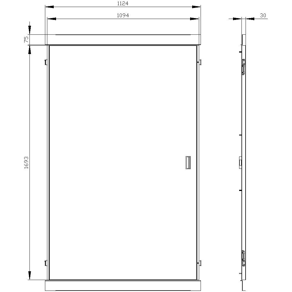 Technical drawing of a rectangular cabinet with a door, overall dimensions 1533 x 1124 mm, depth 30 mm.