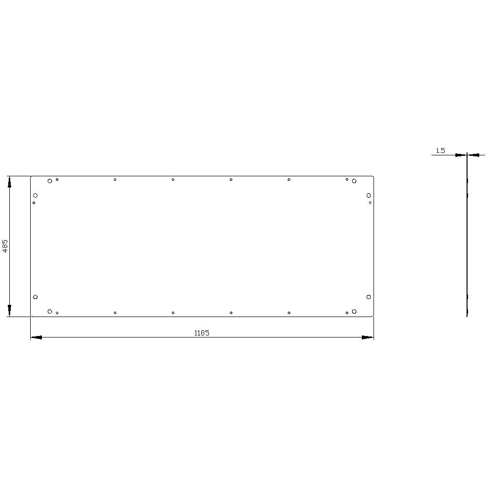 Drawing of a rectangular metal sheet with dimensions: 1165 mm width, 485 mm height, 1.5 mm thickness. Holes along the edge.