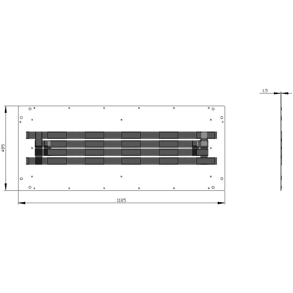 Technical drawing of a rectangular component with two parallel rows of screws. Dimensions: Width 1185 mm, Height 485 mm, Thickness 1.5 mm.