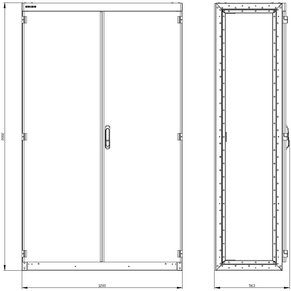 Technical drawing of a two-door cabinet with a single top. Left shows the front view, right shows the side view with dimensions.