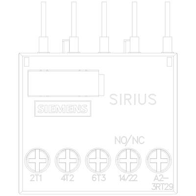 'Drawing of a Siemens Sirius switchgear with connections at the top and labels at the bottom: 2T1, 4T2, 6T3, 14/22, A2-3RT29, NO/NC.'